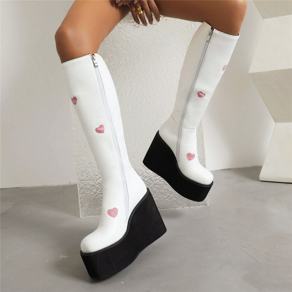 Brand New Female Platform Knee High Boots Fashion Heart Wedges High Heels boot