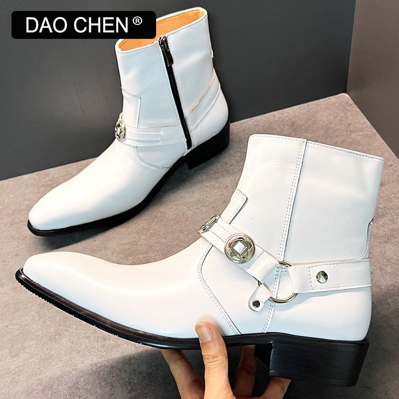 SLIP ON ElEGANT CASUAL SHOES BLACK WHITE LEATHER MAN BOOTS