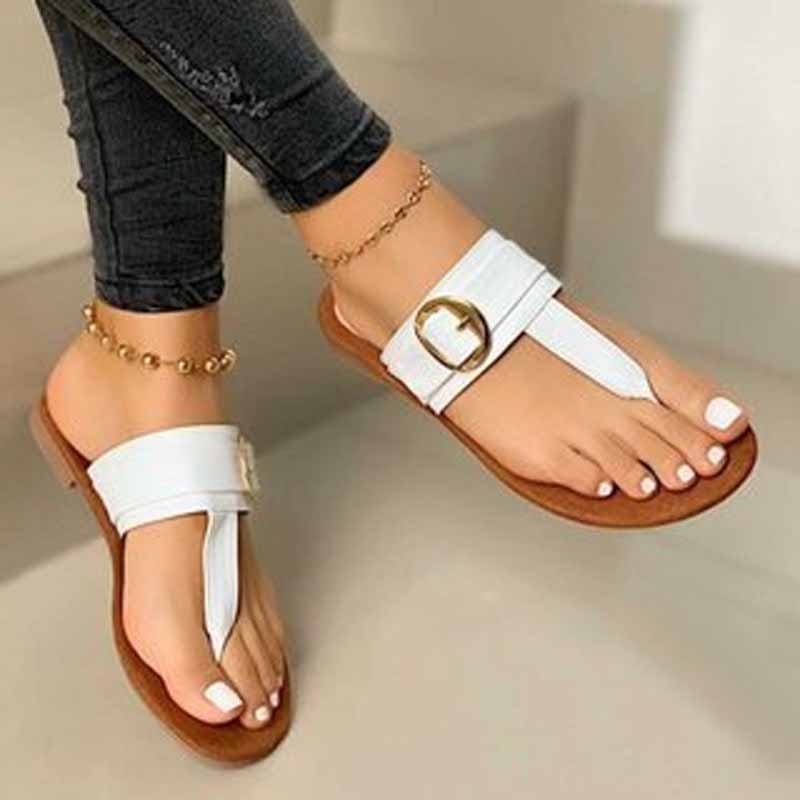 New Summer Flip Flop Sandals Metal Decoration Ladies Flat Shoes