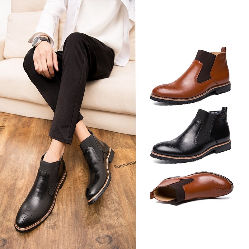 Luxury Brand Men Boots Chelsea Boots Carved Brogue Boots Thick Sole Pointed Toe Designer Leather Boots High Quality Cowboy Boots