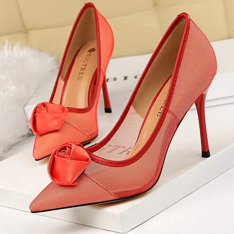 Shoes Rose Flower Woman Pumps Mesh Hollow High Heels Sexy Party Shoes