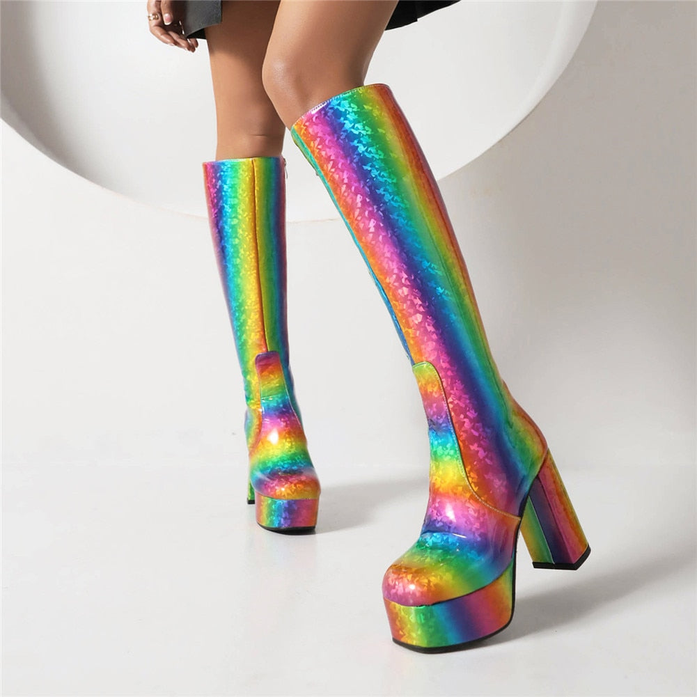 Lady's Platform Knee High Boots Fashion Print Bat Multicolor Thick High Heels