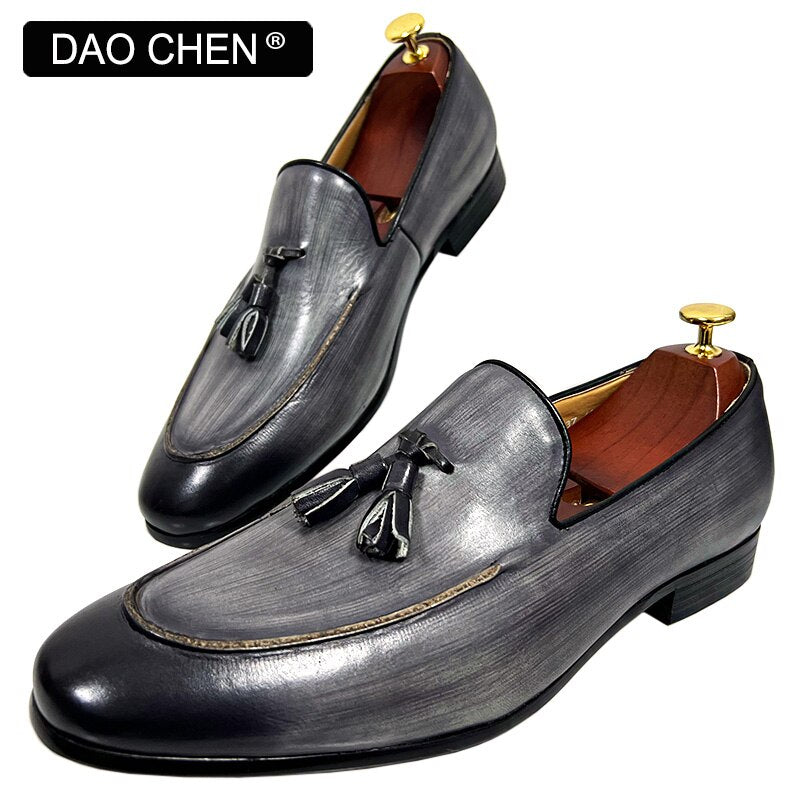 GRAY SLIP ON TASSELS LOAFERS GENUINE LEATHER FORMAL SHOES