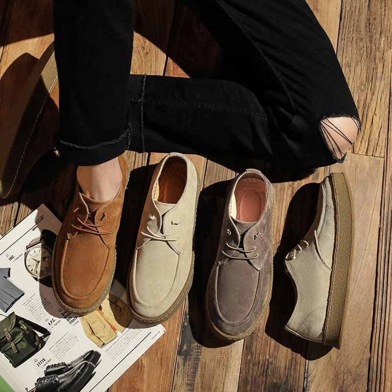 Casual Lace-up Shoes Cow Suede Genuine Leather Mens Comfortable Driving Flats Men Classic Outdoor Oxfords