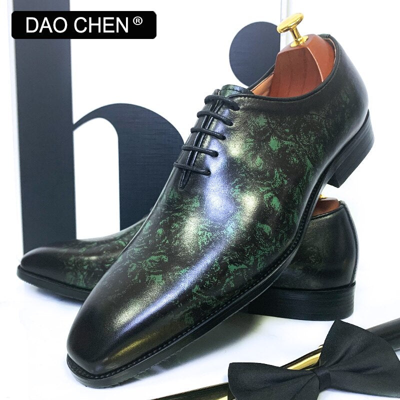 GREEN OXFORD SHOES LACE UP HAND-POLISHED REAL LEATHER WEDDING SHOES