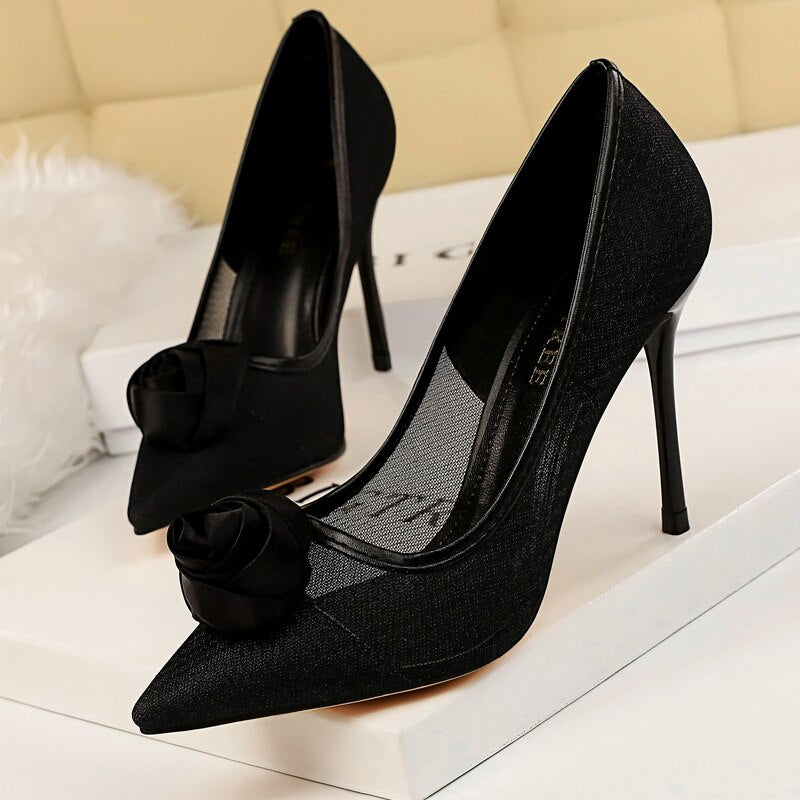 Shoes Rose Flower Woman Pumps Mesh Hollow High Heels Sexy Party Shoes
