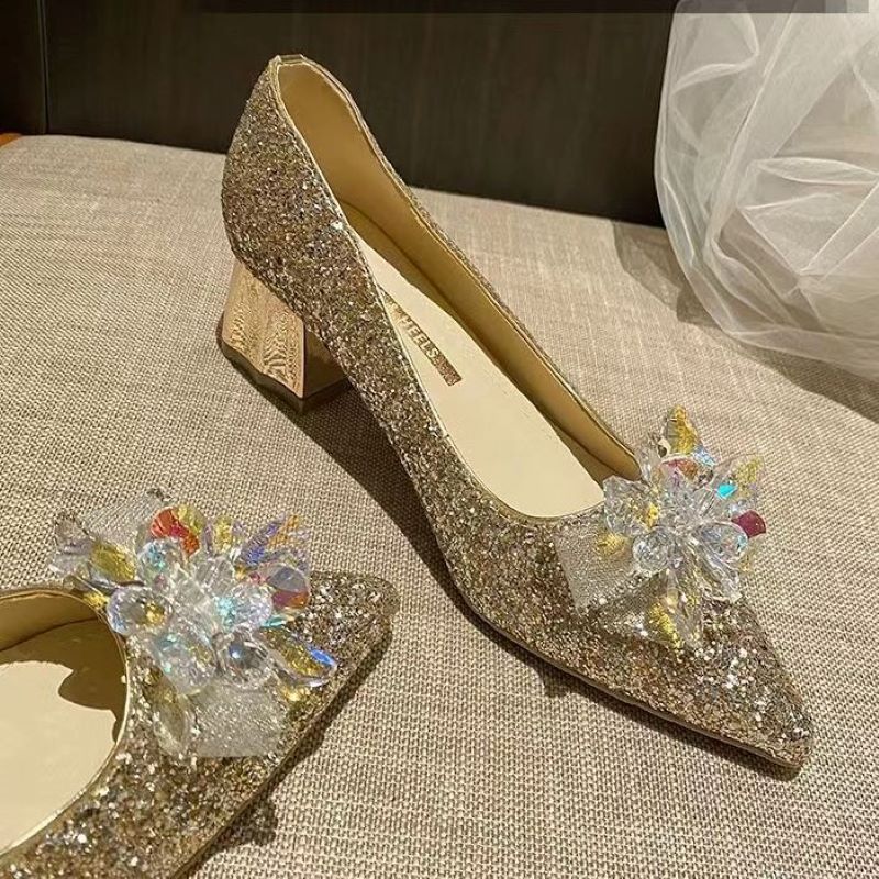 2023 Spring New Women&#39;s Single Shoes Luxury Pointed Sequins Rhinestone Crystal Bowknot High Heeled Wedding Party Shoes