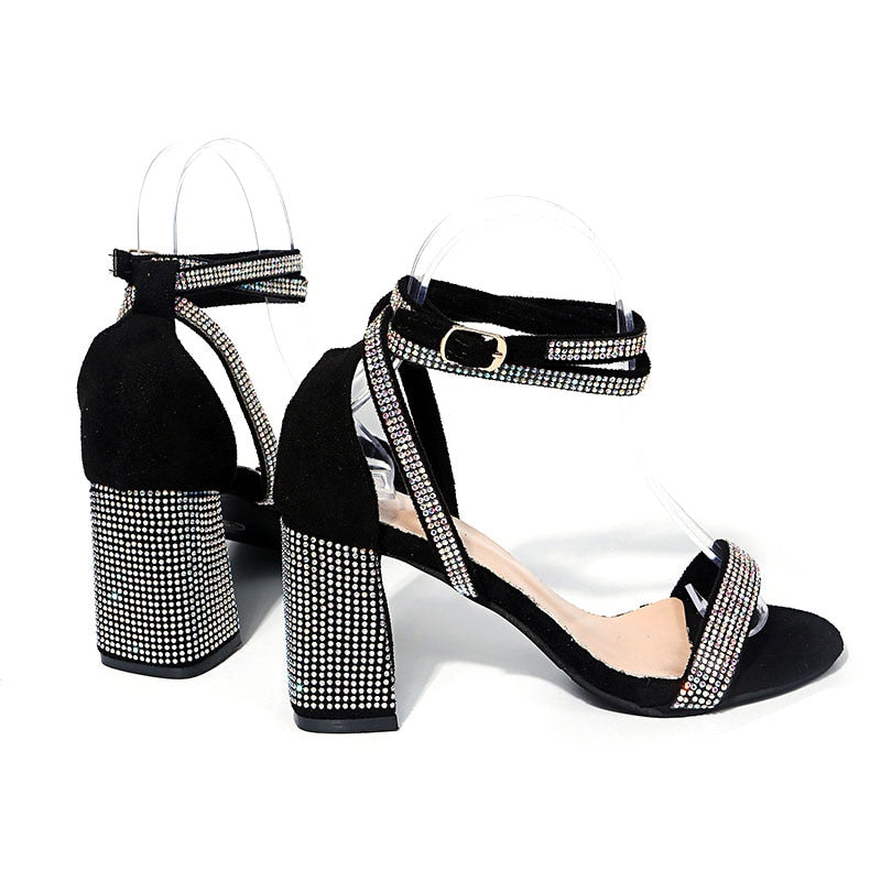 Rhinestone Chunky Heels High-heeled Ankle Strap Sandals