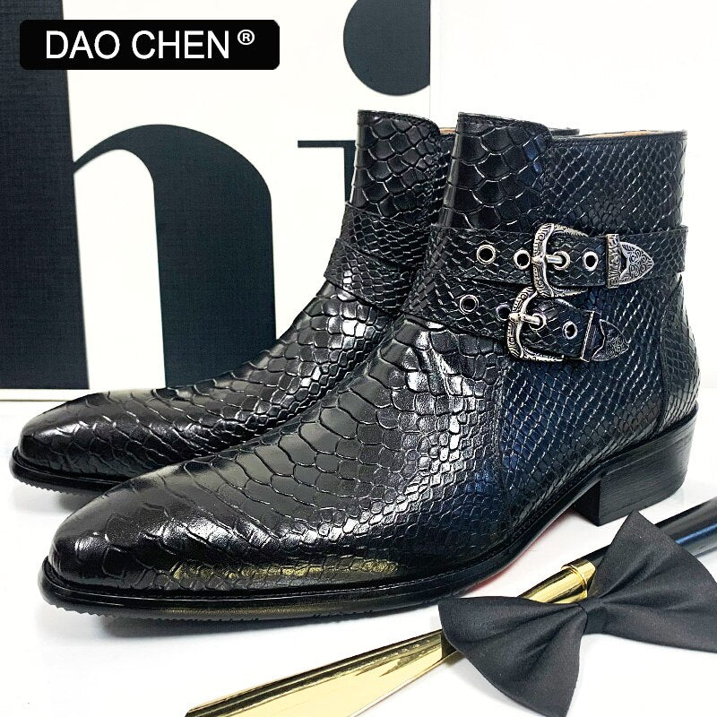 BLACK WINTER ANKLE BOOTS MEN SHOES LUXURY SNAKE BOOTS