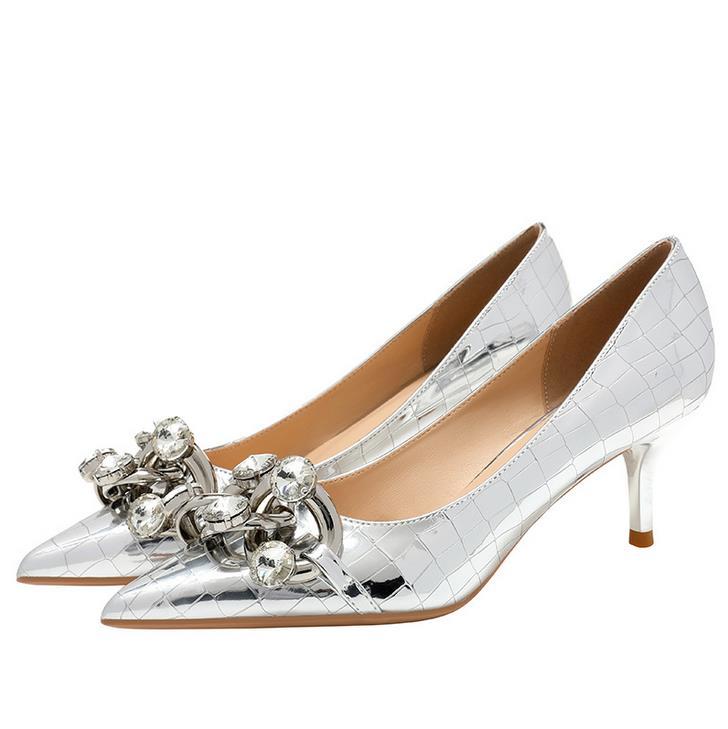 Fashion Leather Pumps with Chain Sexy High Heels Silver Party Women