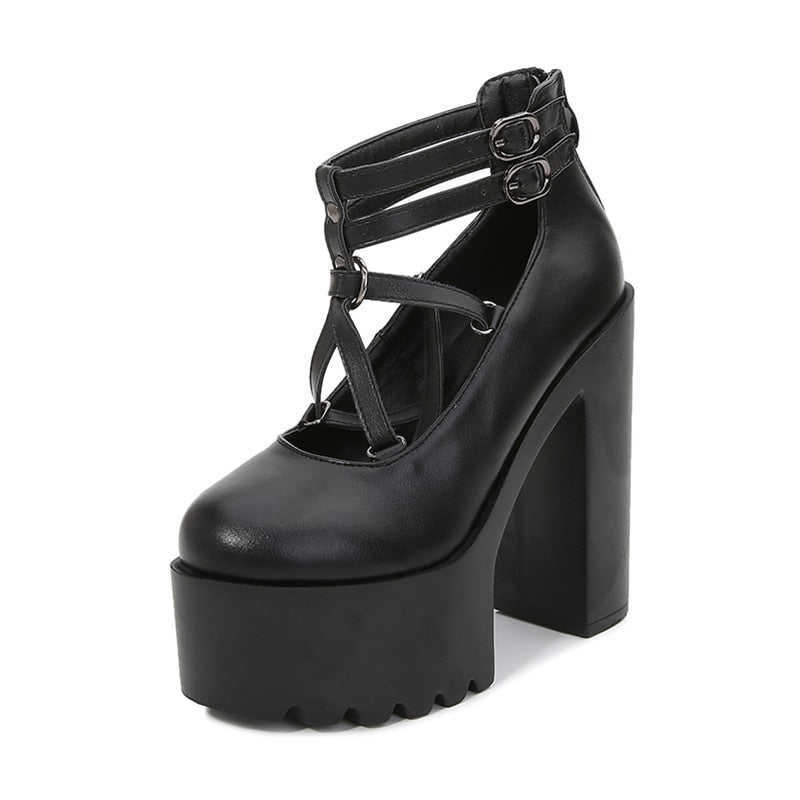 Fashion Women Pumps High Heels Zipper Rubber Sole Black Platform Shoes Spring Autumn Leather Shoes Female Gothic Pentagon
