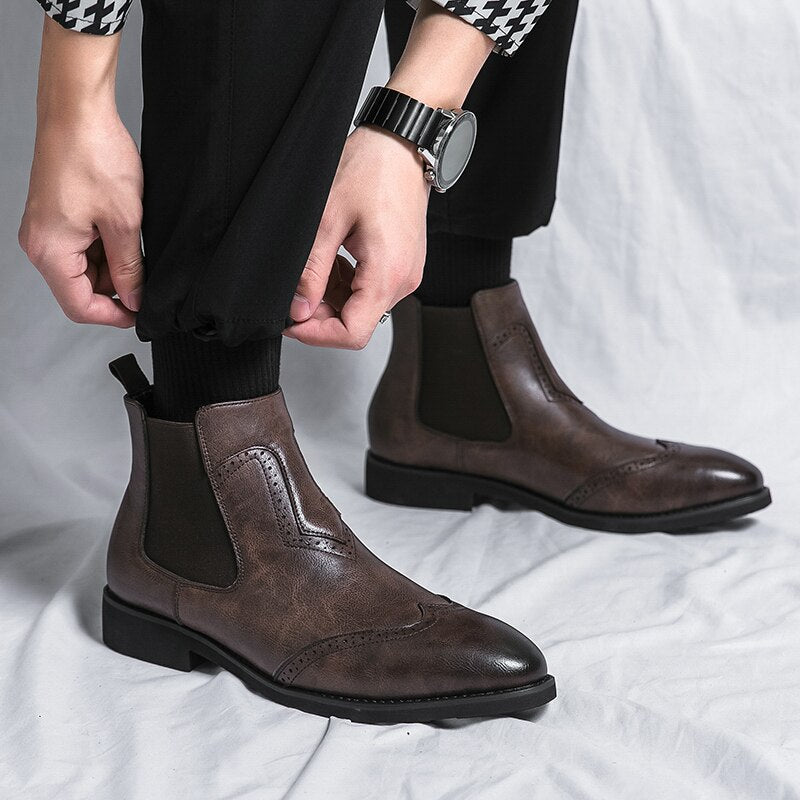Chelsea Boots Men Big Size Leather Brogues Pointed Toe Formal Shoes Slip on Dress Shoes British Style Long Boots Rubber Outsole