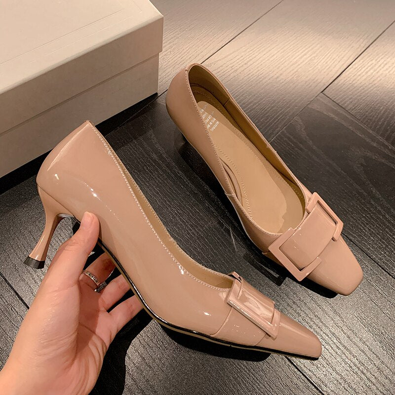 2023 new women pumps natural leather 22-24.5cm length full leather Square toe stiletto heel shoes for women 3 colors