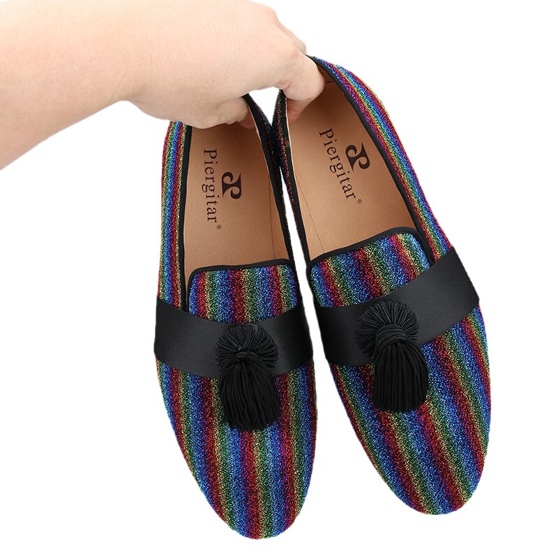 Multicolor Lurex Canvas Slippers Fringed Embellishments Handcrafted Men Loafers