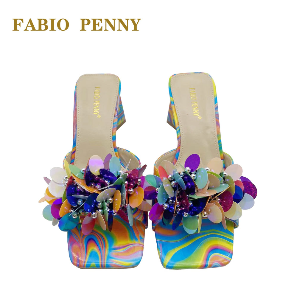 New multicolor medium heel sequin slipper casual banquet fashion party slipper Italian shoes