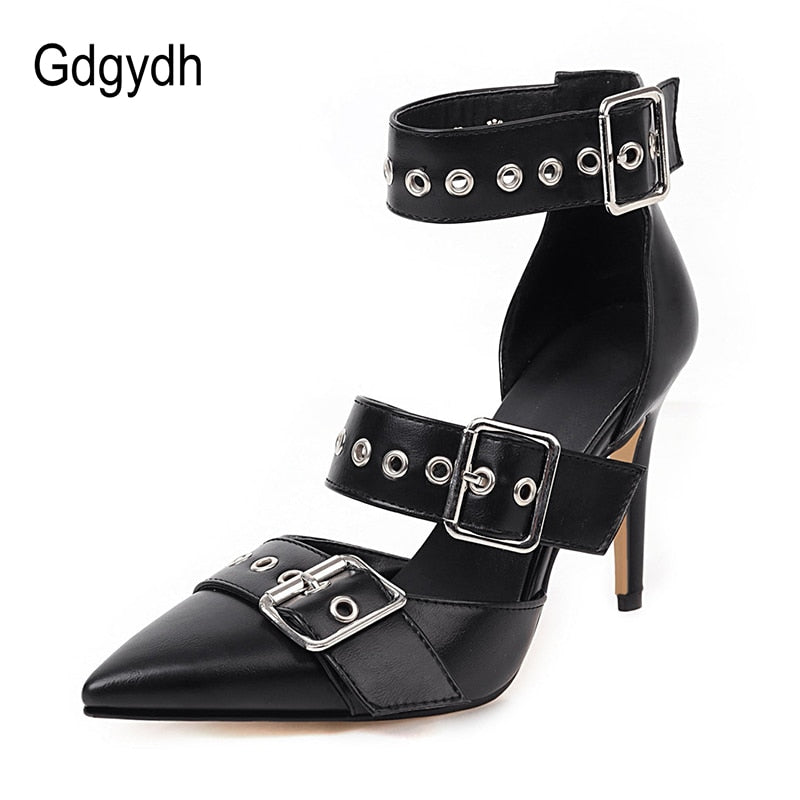 Black Punk Gothic High Heels Sexy Plus Size Pointed Toe Fashion Buckle Rivet Women Pumps Wedding Shoes Stiletto Heels New