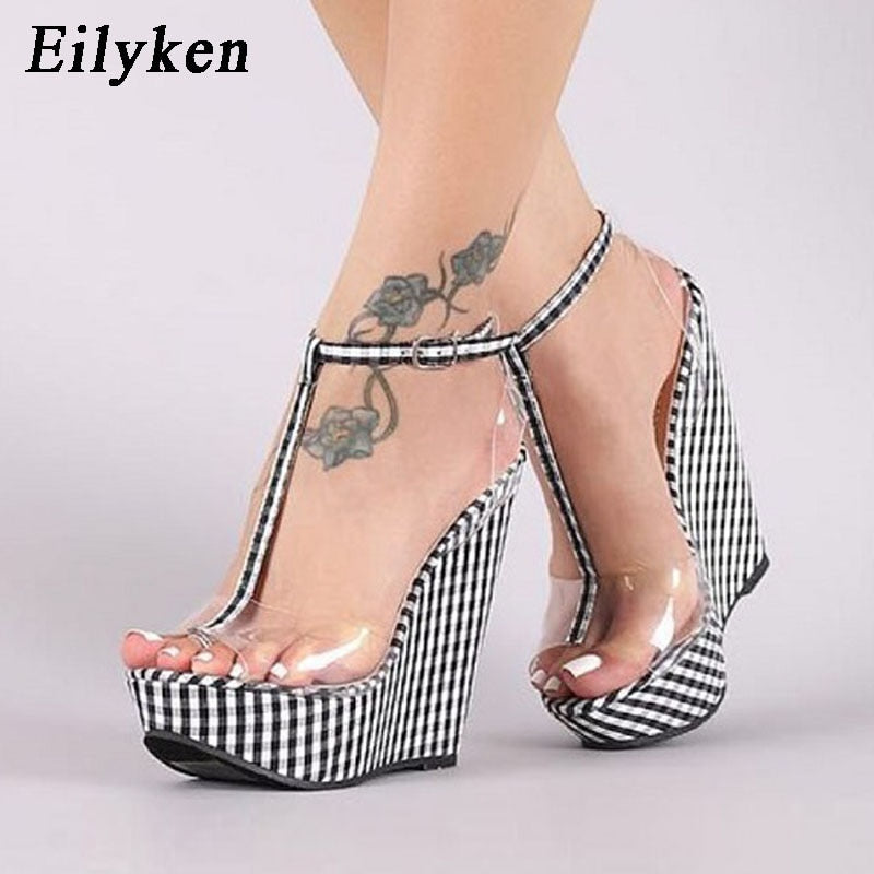 Fashion Gingham Thick Bottoms Wedge Sandals Ankle Buckle Strap