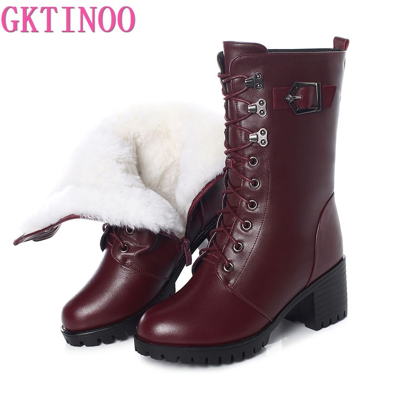 Genuine Leather High-heeled Large Size Motorcycle Boots Women New Wool Warm Winter Boots for Women