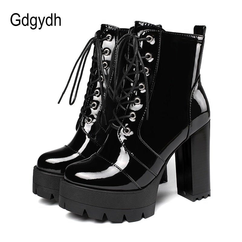2021 Thick High Heeled Female Patent Leather Ankle Boots Round Toe Lace-up Zipper Women Short Boots Gothic Women Shoes