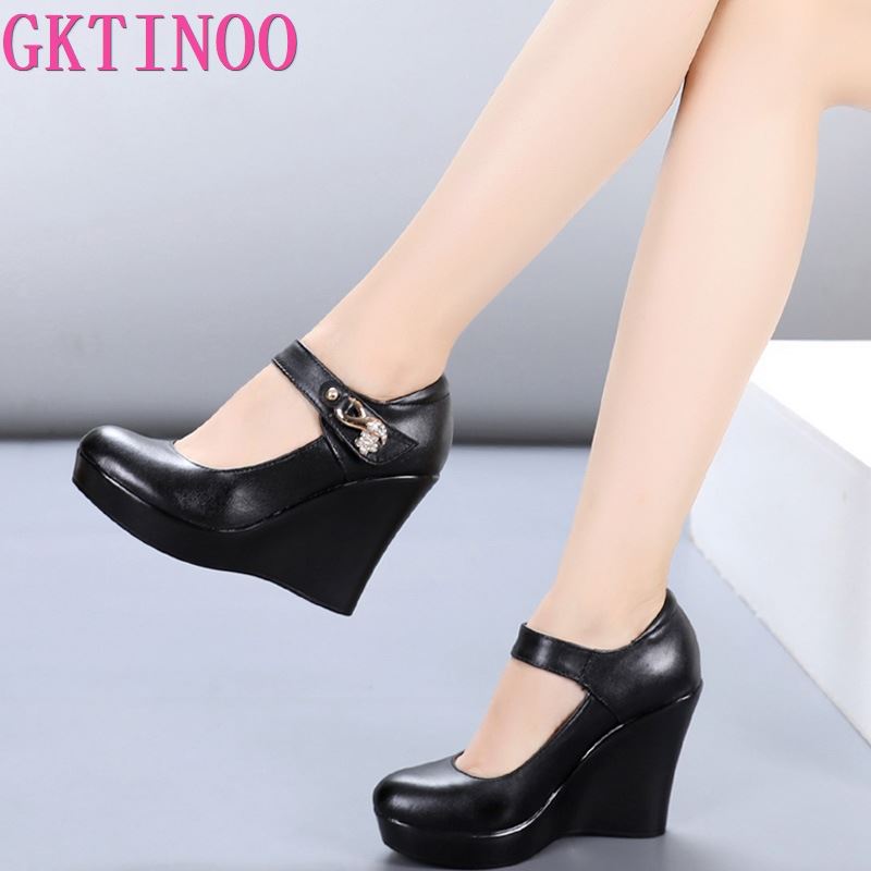 Spring Autumn Genuine Leather Women&#39;s Fashion High Heels Pumps Wedges Black Color Female Platform Shoes Large size