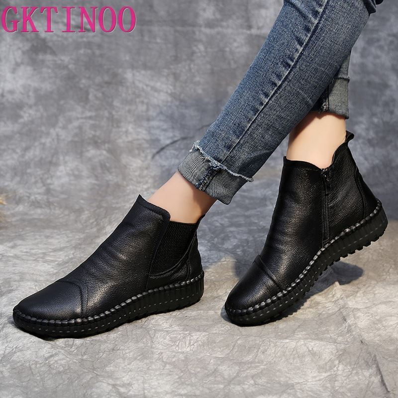 Genuine Leather Shoes Women Boots 2023 Autumn Winter Fashion Handmade Ankle Boots Warm Soft Outdoor Casual Flat Shoes Woman
