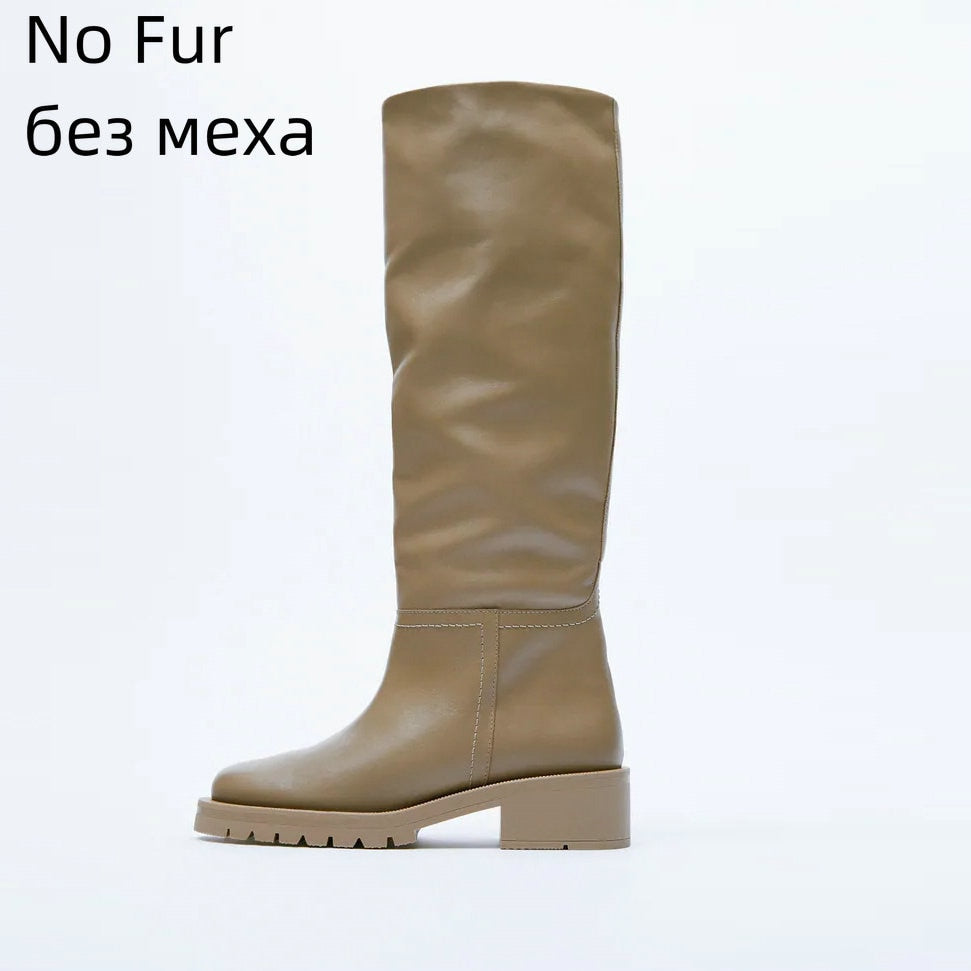 Knee High Boots Full Cow Leather Warm Flats Thick High Heels Motorcycle Boots Woman Lady Shoes 34-43