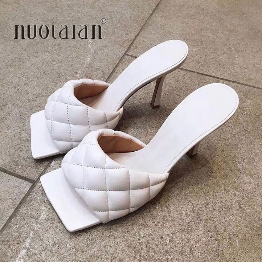 Square Toe Sandals Ladies Pu Leather Plaid Outside Thin High Heels Slippers Female Fashion Woman Shoes