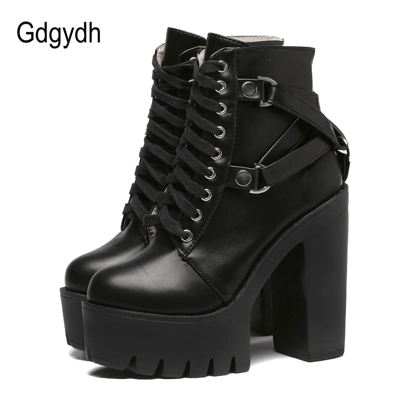 Fashion Black Boots Women Heel Spring Autumn Lace-up Soft Leather Platform Shoes Woman Party Ankle Boots High Heels Punk