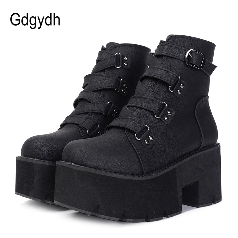 Women Platform Boots Rubber Sole Buckle Black Leather PU High Heels Shoes Woman Comfortable