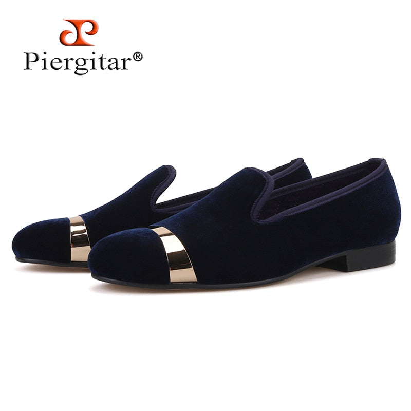 Handmade men navy velvet shoes with gold metal wedding and banquet male loafers