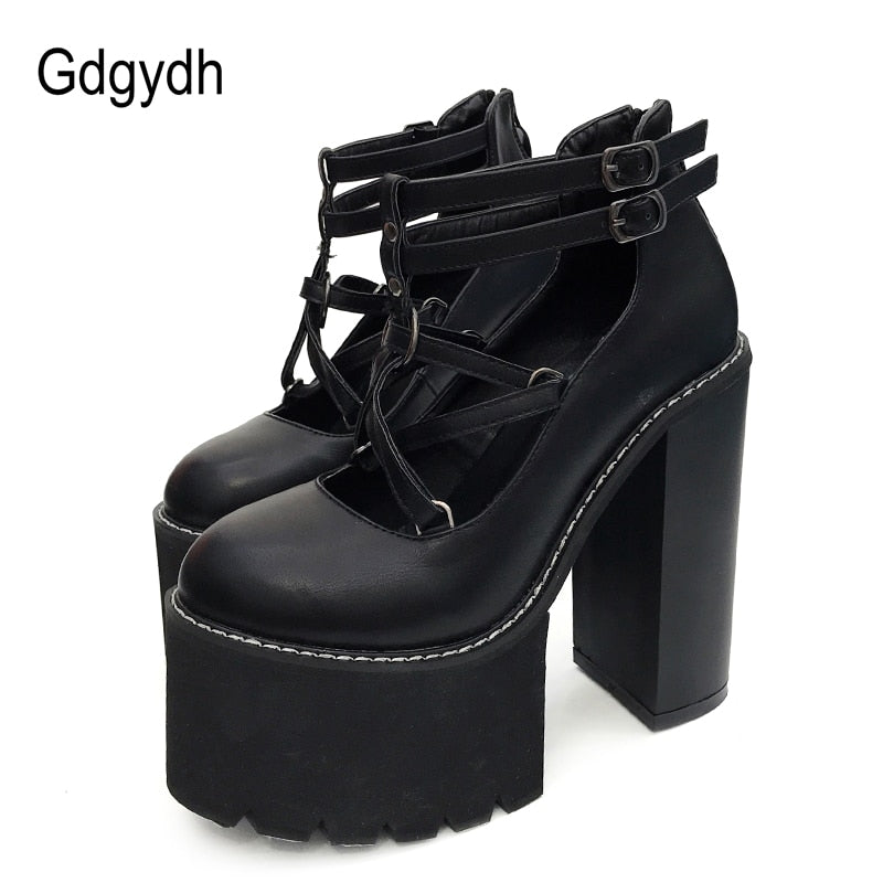Fashion Women Pumps High Heels Zipper Rubber Sole Black Platform Shoes Spring Autumn Leather Shoes Female Gothic Pentagon
