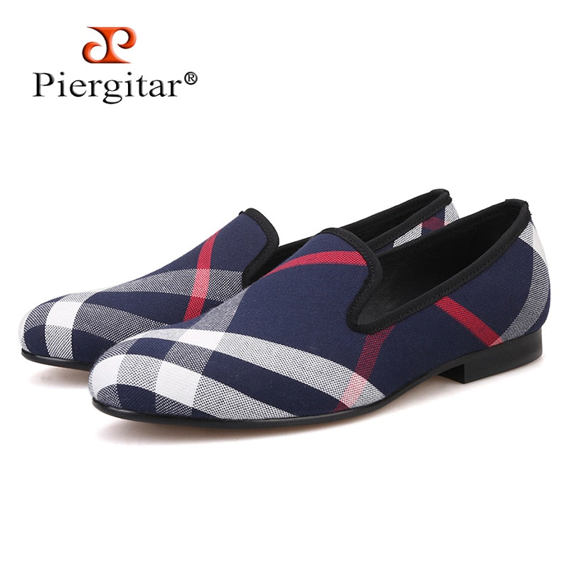 Blue and white plaid canvas shoes luxurious brand men loafers flats
