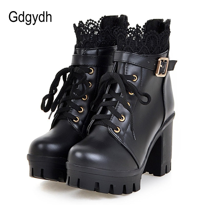 Lace Ankle Boots Thick High Heels Women Boots Sexy Lacing Round Toe Platform Ladies Shoes Large Sizes 34-43