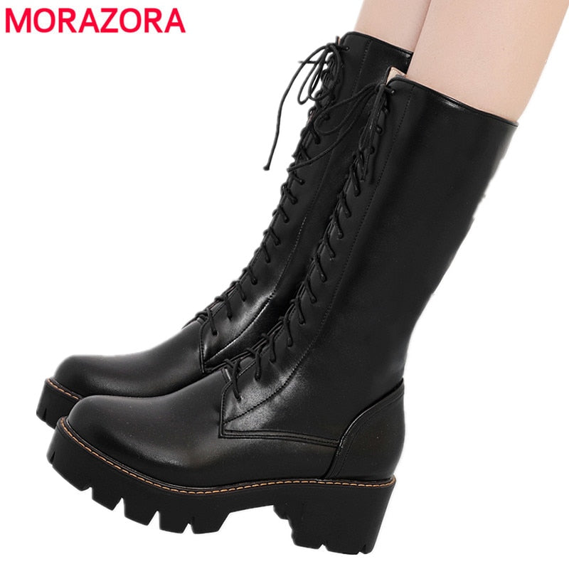 Mid calf boots lace up platform boots round toe autumn winter