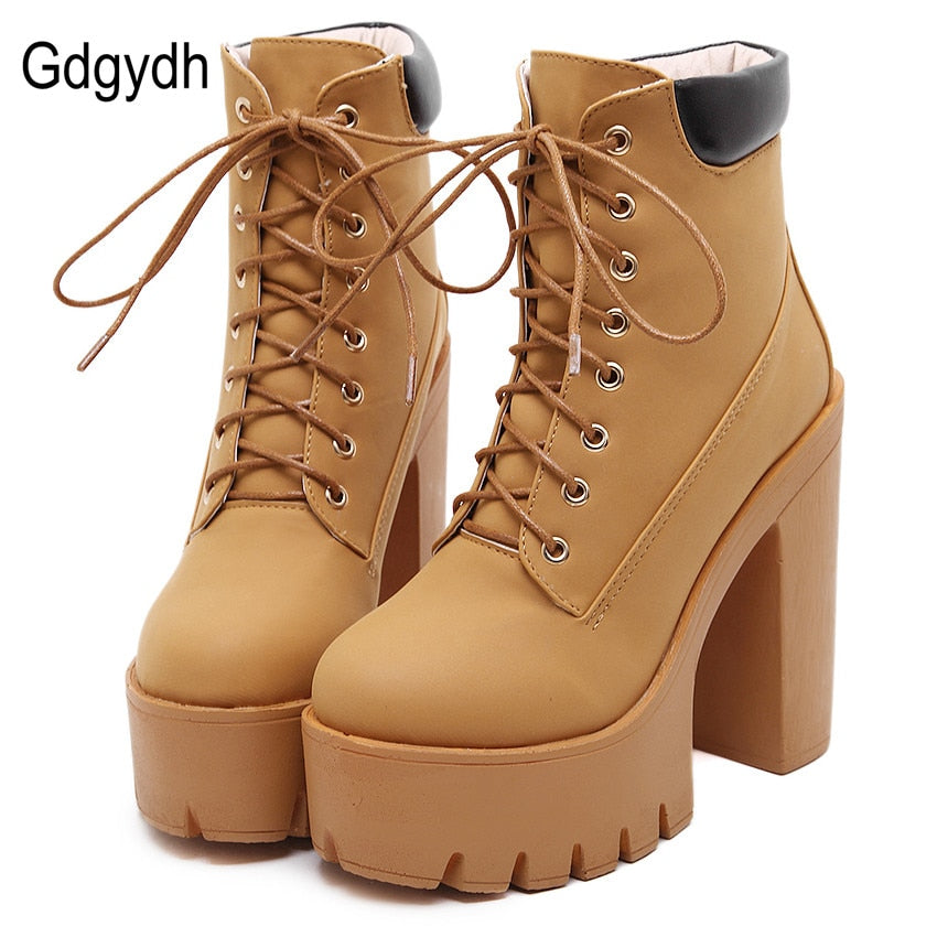 Platform Ankle Boots Women Lace Up Thick Heel Platform Boots Ladies Worker Boots
