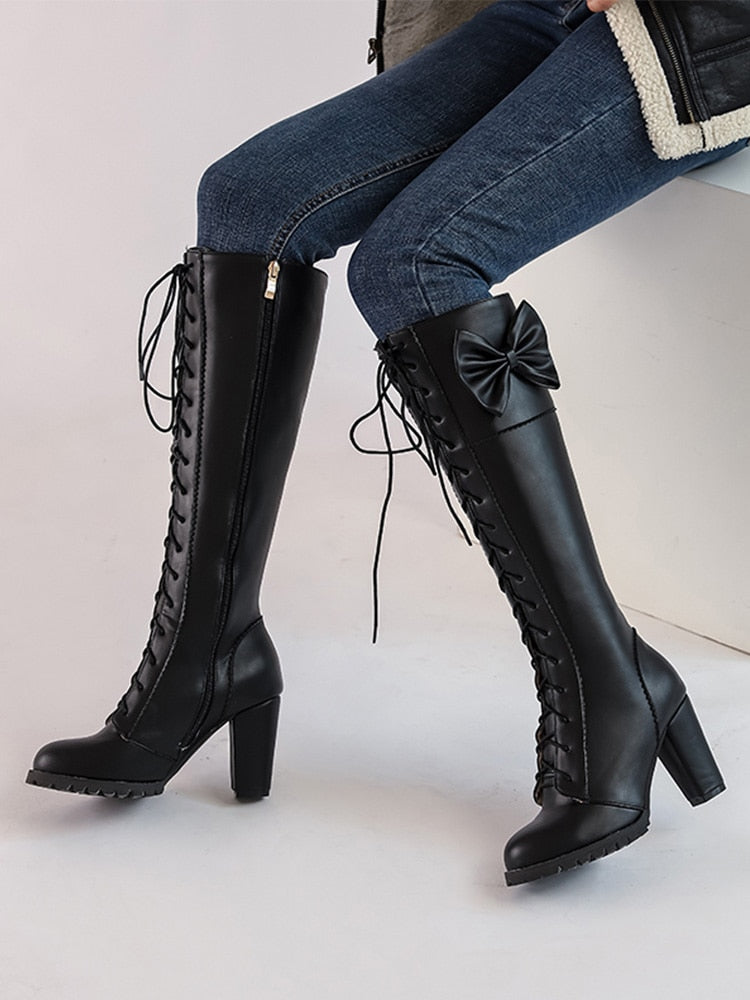 Autumn Winter Women Knee-High Motorcycle Boots Thick Heel Platform Bow-knot