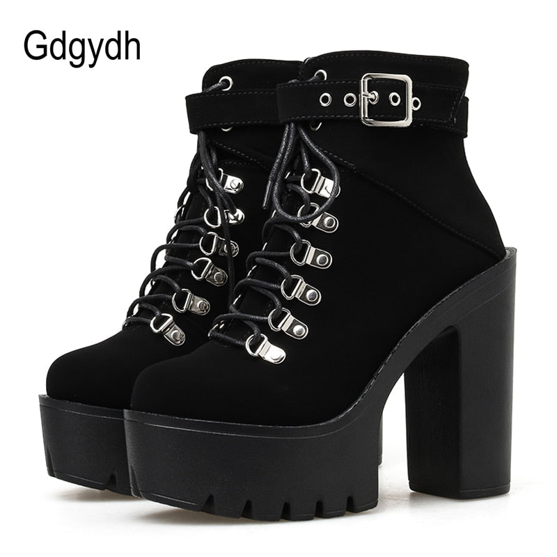 Lace Up Women Boots Platform Buckle Boot Winter Shoes Thick Heel Autmn Boots With Zipper Ankle Strap Black Suede Gothic