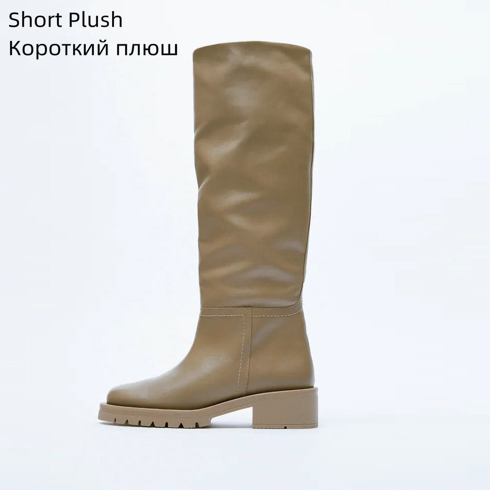 Knee High Boots Full Cow Leather Warm Flats Thick High Heels Motorcycle Boots Woman Lady Shoes 34-43