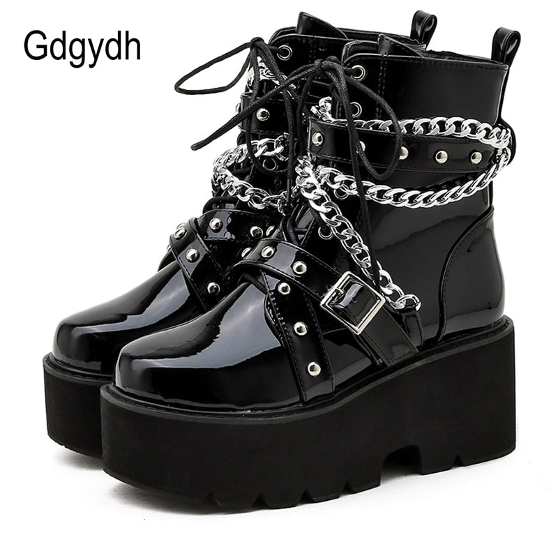 Winter Boots Women Chain Boots Ankle Buckle Strap Ankle Boots Square Heel Thick Sole Platform Rock Punk Style
