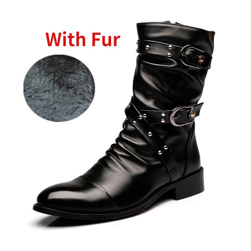 Winter Pointed Toe Men's Mid-calf Boots Buckle Strap Chelsea Boot for Men Leather Mens Motorcycle Boots High Top Man Winter Shoe