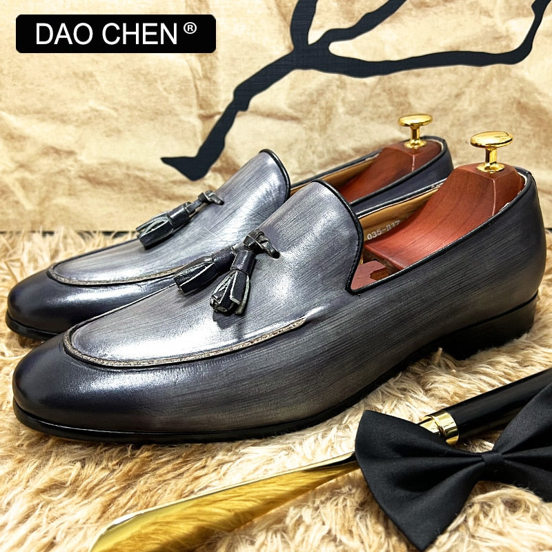 GRAY SLIP ON TASSELS LOAFERS GENUINE LEATHER FORMAL SHOES