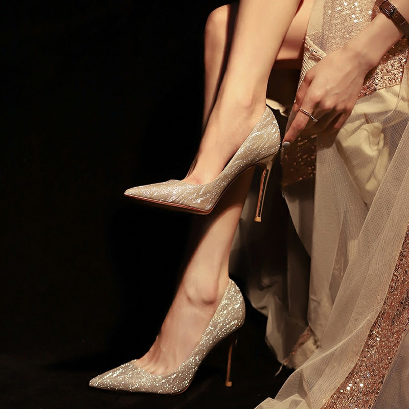 Luxury Gold Silver Women Pumps  Pointed Toe High Heels Stiletto