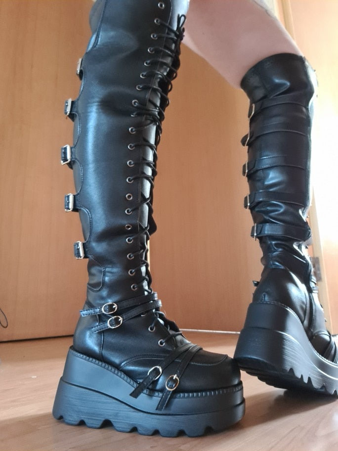 Cosplay Motorcycles Boots Buckles Platform Wedges High Heels Thigh High Boots Women Shoes
