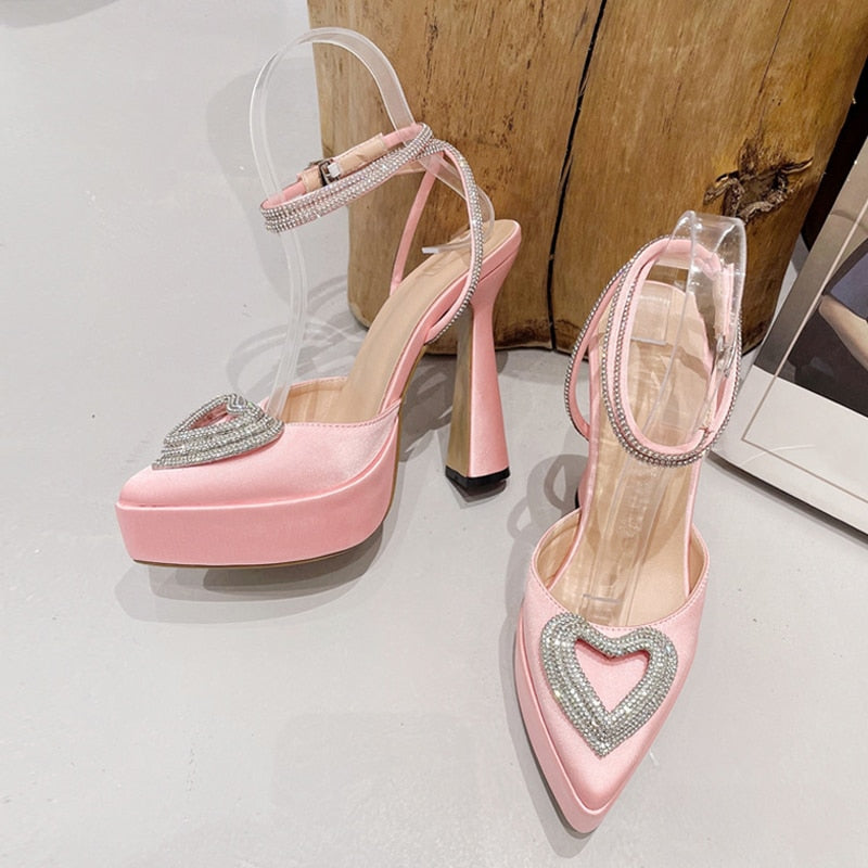 2023 Spring Summer Rhinestone High Heels Crystal Heart Shape Buckle Pointed Toe Shoes Platform Pumps Sandals