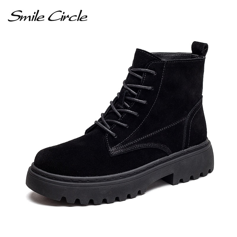 Smile Circle Ankle Boots Suede Leather women Flat platform Short Boots Ladies shoes fashion Autumn winter boots