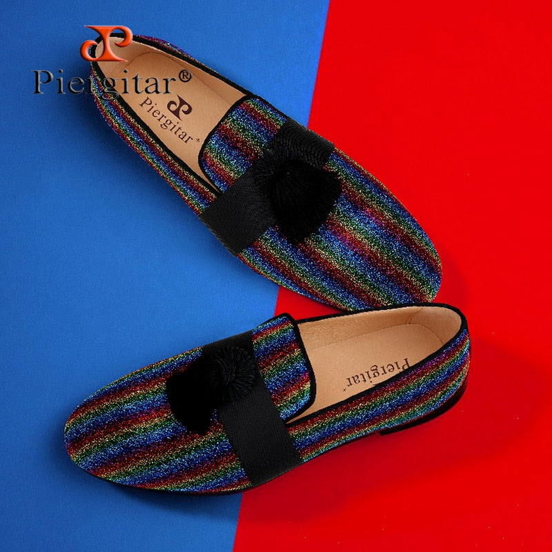 Multicolor Lurex Canvas Slippers Fringed Embellishments Handcrafted Men Loafers