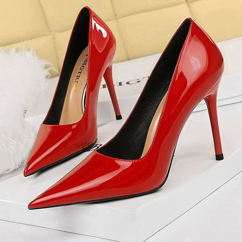 Shoes Pointed Toe Red Women Pumps Patent Leather High Heels Occupational Shoes