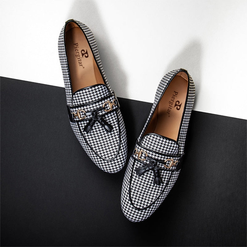 Black And White Wool Houndstooth Slippers With Leather Tassels Moccasins